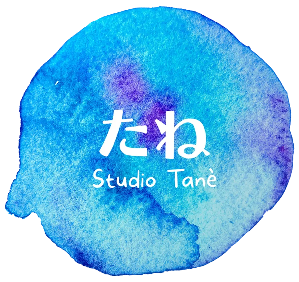 Studio Tanè: the seed, written in Japanese on a blue watercolour wash